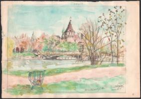 Kovács Ernő (-): Tó a Városligetben (Budapest), 2002. Akvarell, ceruza, papír. Jelzett. 21,5×30 cm