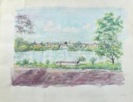 Kovács Ernő (-): Tahitótfalu, 2003. Akvarell, ceruza, papír. Jelzett. 35×50 cm