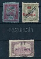 Baranya I. 1919 3 db jobb bélyeg Bodor vizsgálójellel (min 25.500) (40f sarokhiba / missing corner, 10K ráncok / creases)