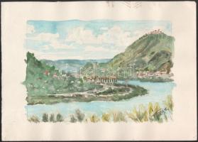 Kovács Ernő (-): Visegrádi Dunakanyar (jegenye fasorral), 2007. Akvarell, ceruza, papír. Jelzett. Lapszéli elszíneződéssel. 25×35 cm