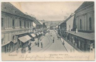 1904 Kolozsvár, Cluj; Wesselényi Miklós utca, Kovács József, Pap Ernő üzlete, Pannonia szálloda reklámja / street, shops (EK)
