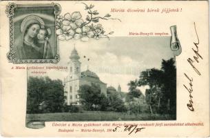 1905 Máriabesnyő (Gödöllő), kegytemplom, Mária gyülekezet kápolnájának oltárképe. Üdvözlet a Mária gyülekezet által Mária-Besnyőre rendezett férfi zarándoklat alkalmából. Art Nouveau, floral (EB)