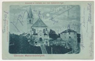 Marosvásárhely, Targu Mures; Református templom, vár este holdfényben. Holbach Ede kiadása / Calvinist church, castle at night in moonlight (Rb)