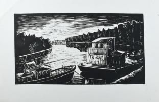 Horkay György (1934-2017): Tokaj (Hajók a Tiszán). Linómetszet, papír. Jelzés nélkül. Lap szélén hajtásnyommal. 20x33,5 cm