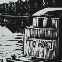 Horkay György (1934-2017): Tokaj (Hajók a Tiszán). Linómetszet, papír. Jelzés nélkül. Lap szélén haj...