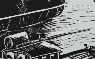 Horkay György (1934-2017): Tokaj (Hajók a Tiszán). Linómetszet, papír. Jelzés nélkül. Lap szélén haj...