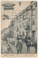 1912 Szatmárnémeti, Szatmár, Satu Mare; Szatmár a jövőben montázs, Viktória szálloda, villamos, léghajó, automobil, lovaskocsi, motorkerékpár / future montage, hotel, tram, airship, automobile, horse cart, motorcycle (EB)  Az 1910-ben megnyitott Viktória szálloda előtt járunk, a villamos mellett egyéb járművek (léghajó, repülő, motorkerékpárok) jelennek meg, a zsúfoltság és mozgalmasság érzését keltve a nézőben. A századelő kedvelt képeslaptémája volt a "városképek a jövőben", ahol elképzelték, hogy is fog kinézni az adott hely 100 év múlva. Ezeket legtöbbször furcsa gépekkel, járművekkel, zsúfolt utcákkal illusztrálták, jelezve, hogy a kép állandó mozgásban van. Mai és egykori magyarországi városaink is szép számmal szerepelnek ezen képeslapok között, melyek egyike a most megvásárolható szatmári darab.  //  We are in Satu Mare, in front of Hotel Victoria, where alongside the trams unusual vehicles appear (airship, automobile, and motorcycle) creating a sense of crowding and lively movement for the viewer. At the turn of the 20th century, a popular postcard theme was "cities of the future" which imagined what a given place might look like a hundred years later. These scenes were most often illustrated with strange machines, futuristic vehicles, and bustling streets, emphasizing constant motion. Hungarian towns also appear in considerable numbers among such postcards.