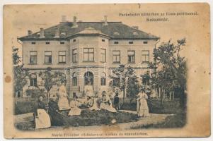Kolozsvár, Cluj; Mária-Erzsébet vöröskereszt kórház és szanatórium, parkrészlet, Ilona pavilon. Schuster Emil kiadása / Red Cross hospital and sanatorium, pavilion (lyuk / pinhole)