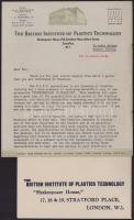 cca 1946 Opportunities in Plastics. A Guide to Careers in the Plastics Industry. Issued by the British Institute of Plastics Technology. Angol nyelvű műanyagipari kiadvány, a borítón art deco illusztrációval. Kiadói tűzött papírkötés, kissé sérült borítóval. 44 p. + Kapcsolódó levél és nyomtatványok
