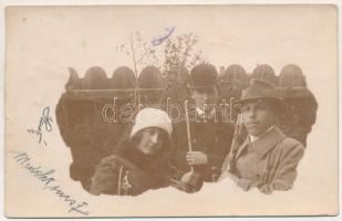 1912 Szatmárnémeti, Szatmár, Satu Mare; vadászó urak és hölgy puskával / men and a lady with rifles, hunters. photo (szakadás / tear)