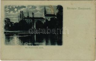 Munkács, Mukacheve, Mukachevo, Mukacevo; Szent Bazil zárda este holdfényben. Bertsik Emil kiadása / Saint Basil monastery at night in moonlight (ragasztónyom / glue marks)