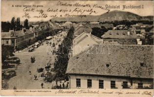 1904 Munkács, Mukacheve, Mukachevo, Mukacevo; Fő utca, piac, üzletek. Bertsik Emil kiadása / main street, market, shops (Rb)