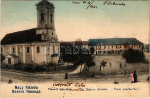 1905 Nagykikinda, Kikinda; Ferenc József tér, Szerb ortodox templom, Steinitz Kálmán és fia üzlete / square, Serbian Orthodox church, shops (fl)
