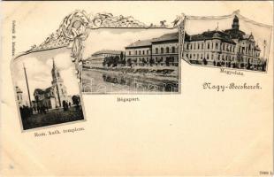 Nagybecskerek, Zrenjanin, Veliki Beckerek; Római katolikus templom, Béga-part, Megyeháza. Schenk H. kiadása, szecessziós-virágos keret / Catholic church, Bega riverside, county hall. Art Nouveau, floral frame (EK)