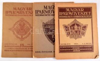 1924-1918 Magyar Iparművészet c. folyóirat 3 db száma (XXVII. évf. 1-2. sz., XXVIII. évf. 1-2. sz., XXXI. évf. 7-8. sz.), szerk.: Györgyi Kálmán. Kiadói papírkötés, változó, az egyik szám széteső állapotban.