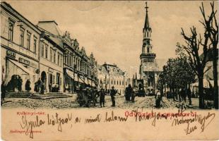 1901 Losonc, Lucenec; Kubinyi tér, templom, Herczog R., Gandl Jakab üzlete. Redlinger kiadása / square, church, shops (fa)
