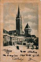1901 Medgyes, Mediasch, Medias; Evangélikus erődtemplom. Fritz Guggenberger kiadása / Lutheran castle church (felületi kopás / worn surface)