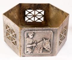 Antik ezüstözött vadászmintás edény, alján fogatópontokkal, d: 9,5 cm