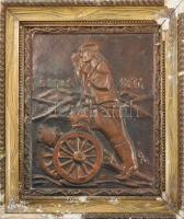 Ágyús. Rézlemez kép, sérült keretben, 24x19 cm