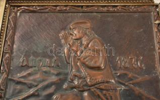 Ágyús. Rézlemez kép, sérült keretben, 24x19 cm