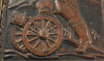 Ágyús. Rézlemez kép, sérült keretben, 24x19 cm