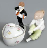 3 db Hollóházi és Aquincum porcelán figura és cukordoboz. jelzett, harmonikáson kopás