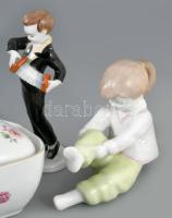 3 db Hollóházi és Aquincum porcelán figura és cukordoboz. jelzett, harmonikáson kopás