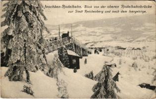 1910 Jested, Jeschken; Rodelbahn, Blick von der oberen Rodelbahnbrücke zur Stadt Reichenberg und nac...