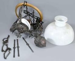 Antik paraszt csillár, tejüveg búrával, alkatrészeivel.