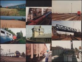 Vegyes színes mozdonyokról, vasúti szerelvényekről, teherpályaudvarokról, teherfuvarozásról, stb. készült fotók, 10×13 cm