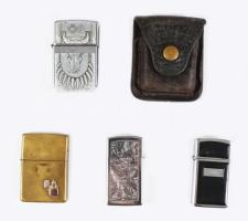 4 db régebbi Zippo öngyújtó, az egyik bőr tokkal, változó állapotban, nem működnek