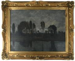 Olvashatatlan jelzéssel (...Ferenc?), XIX. sz. vége/XX. sz. eleje: Folyóparti táj. Olaj, vászon. Hátoldalán 1910-es évekből származó kiállítási raglappal (Műcsarnok?) és Árverési Csarnok raglappal. Apró felületi sérülésekkel. Dekoratív, kissé sérült fakeretben. 60x80 cm. KIZÁRÓLAG SZEMÉLYES ÁTVÉTEL, NEM POSTÁZZUK! / ONLY PERSONAL COLLECTION AT OUR OFFICE!