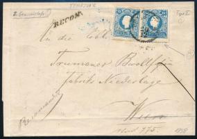 1858 2 x 15kr I különböző színárnyalat + 10kr maradványai a hátoldalon 2. súlyfokozatú ajánlott levélen "TEMESVÁR" - "WIEN"