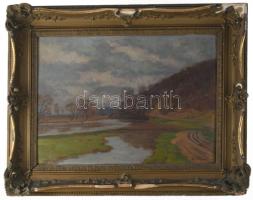 Szlányi Lajos (1869-1949): Táj. Olaj, karton, jelzett. Dekoratív, sérült fakeretben, 34×48 cm