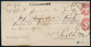 1864 2 x 5kr (pár) a függőleges oldala a boríték jobb oldalán hátra hajtva + 2 x 5kr hátoldalon ajánlott levélen "UNG:ALTENBURG" - "PESTH"