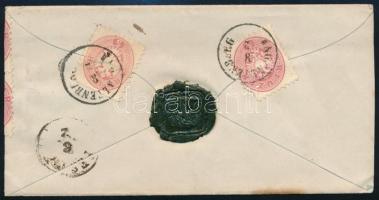 1864 2 x 5kr (pár) a függőleges oldala a boríték jobb oldalán hátra hajtva + 2 x 5kr hátoldalon aján...