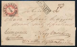 1869 5kr + hátoldalon 2 x 5kr bontásnál elszakítva ajánlott levélen "NAGY-KÁROLY" - "NAGYVÁRAD"