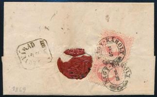 1869 5kr + hátoldalon 2 x 5kr bontásnál elszakítva ajánlott levélen "NAGY-KÁROLY" - "...