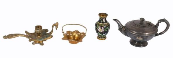 4 darab antik fém / bronz tárgy, gyertyatartó, cloisonne váza, alpakka kiöntő, ékszertartó.