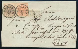 1856 6kr HP III. típus + 3kr HP III.a 2x típus levélen, mindkét bélyegen átmenő regiszterhajtás "VARANNO" - "PESTH / Früh"