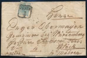 1851 9kr HP I. típus Morvaországba küldött levélen "PESTH" - "WIEN" - Mähren