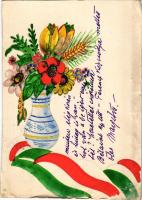 1940 Egyedi kézzel festett művészlap: virágcsokor magyar zászlóval / hand-painted greeting postcard ...