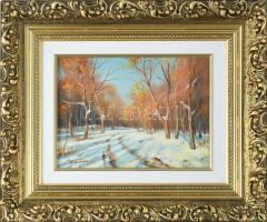 Ferenczi Béla (-): Tél. Olaj, farost, jelzett, dekoratív fakeretben, 18×24 cm