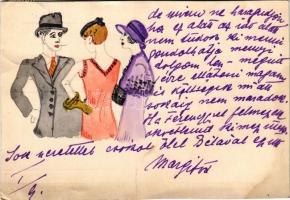 1935 Egyedi kézzel festett művészlap: hölgyek úriemberrel / hand-painted greeting postcard (ázott / ...