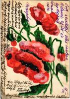 1937 Egyedi kézzel festett művészlap: pipacsok / hand-painted greeting postcard (ázott / wet damage)