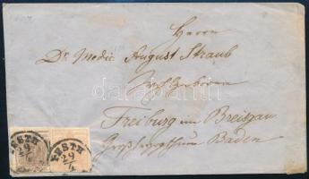 ~1850 6kr HP III. típus + 3kr HP III. típus levélen "PESTH / Abends" - "FREIBURG" / Badeni Nagyhercegség