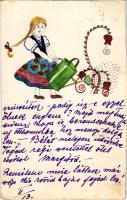 Egyedi kézzel festett művészlap: leány virágot öntöz / hand-painted greeting postcard (vágott / cut)