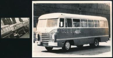 MÁVAUT Ikarus autóbusz és 1959 Érd, Ikarus buszok lovaskocsival, 2 db fotó, egyik sérüléssel, 4,5×6,5 és 13×18 cm