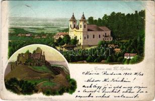 1902 Máriaradna, Mária-Radna, Radna (Lippa, Lipova); Solymosi vár, kegytemplom. Gregor Fischer kiadása / Soimos castle, pilgrimage church. Art Nouveau litho (lyuk / hole)