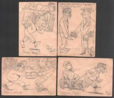 Endrődi István (1920-1988): 4 db karikatúra, 1945. Ceruza, papír. Mindegyik jelzett. 9,5x14 cm